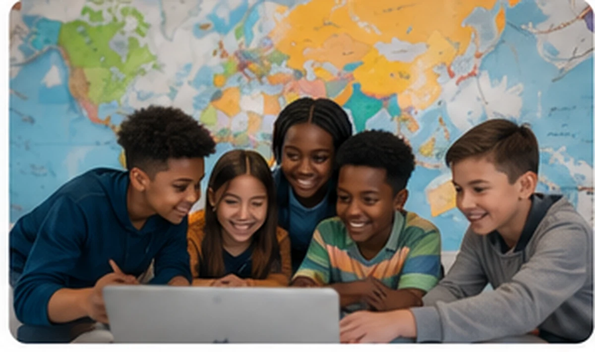 Young students collaborating in front of a world map