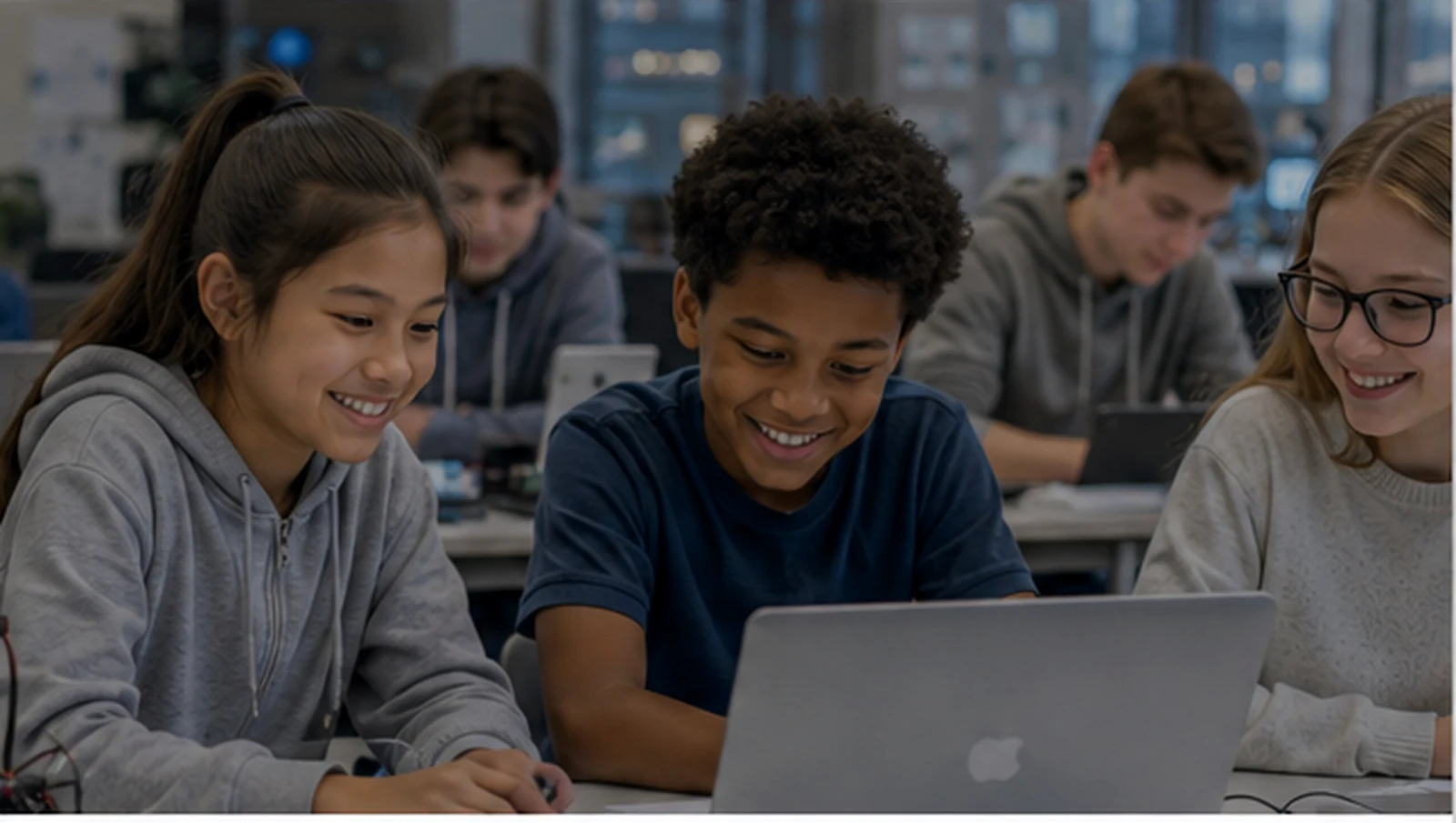 A diverse group of young students learning together on a laptop